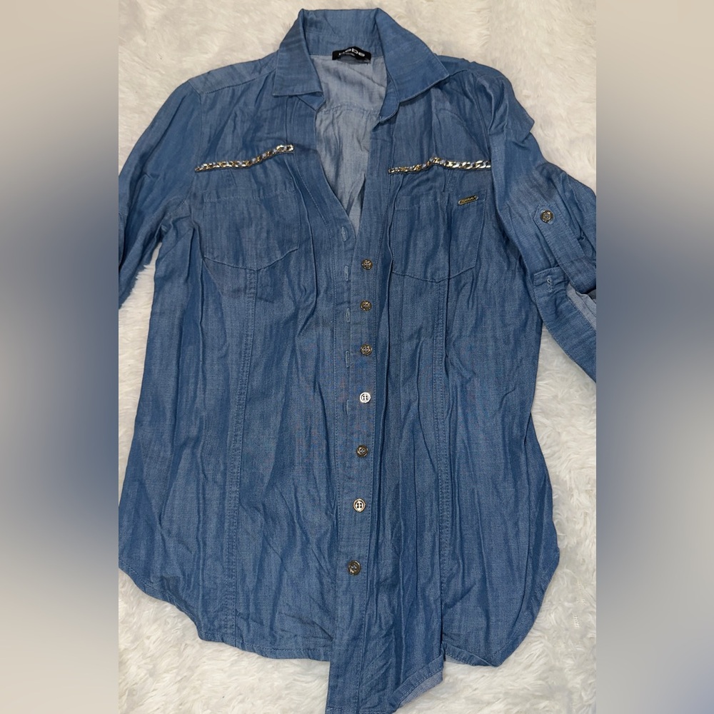 bebe Chain-Accent Blue Denim Jacket